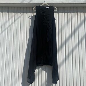 PAPER PARACHUTE black gauze draped shark bite hem sleeveless midi dress